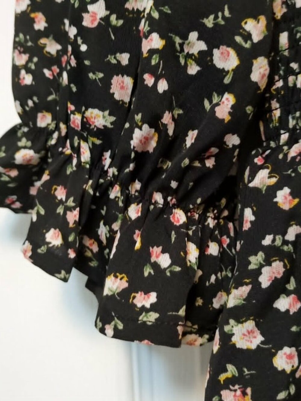 Smocked Chiffon Tiered Ruffle Dress Sz L Black Floral Romantic Whimsigoth Forest - Picture 4 of 9